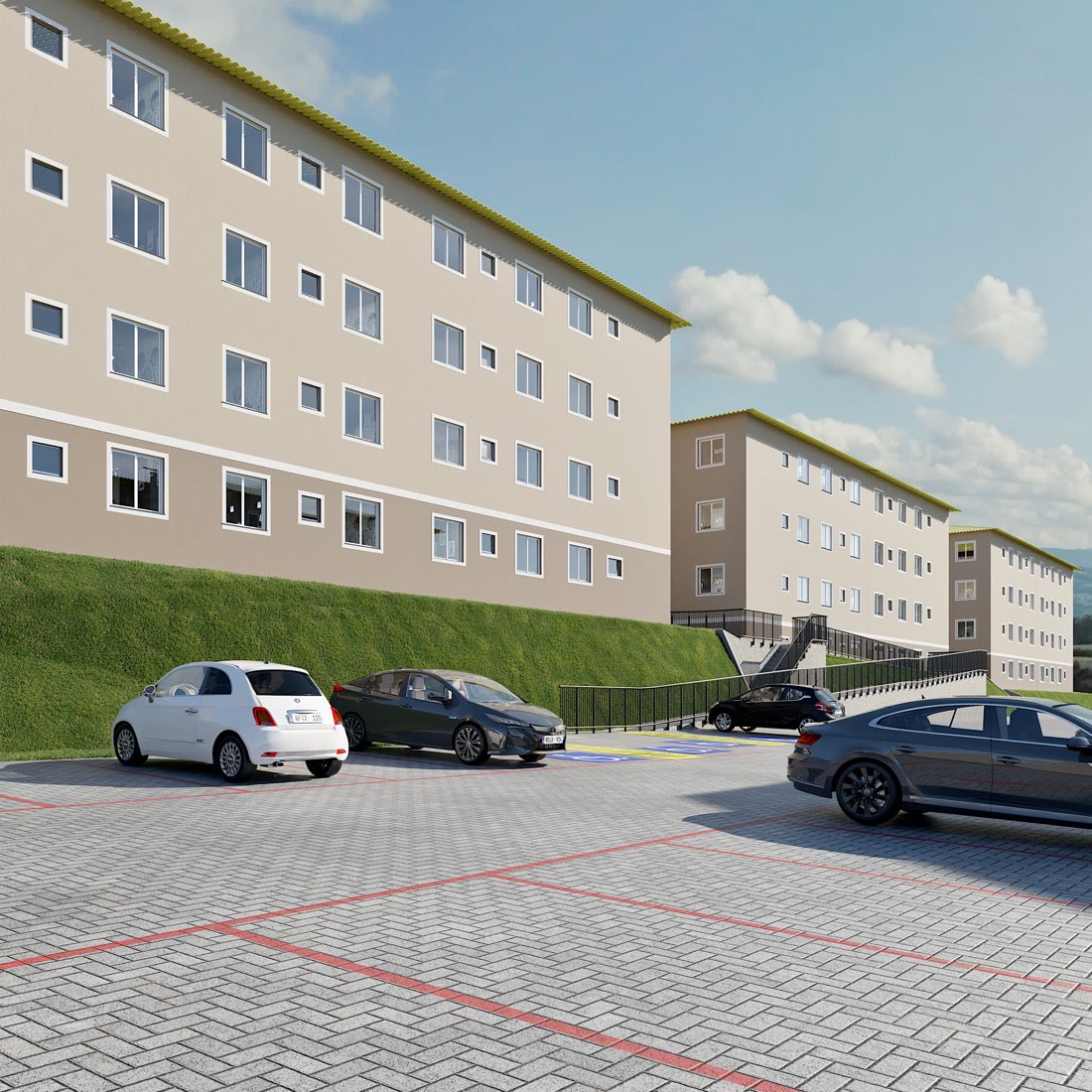 Perspectiva ilustrativa dos blocos residenciais do Ponto Belo, com paisagismo e circulação interna