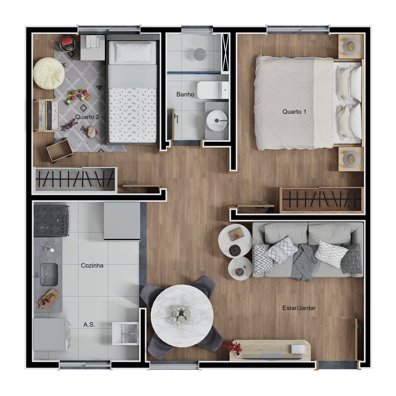 Planta humanizada do apartamento padrão, com dois quartos, banheiro, sala e cozinha com área de serviço